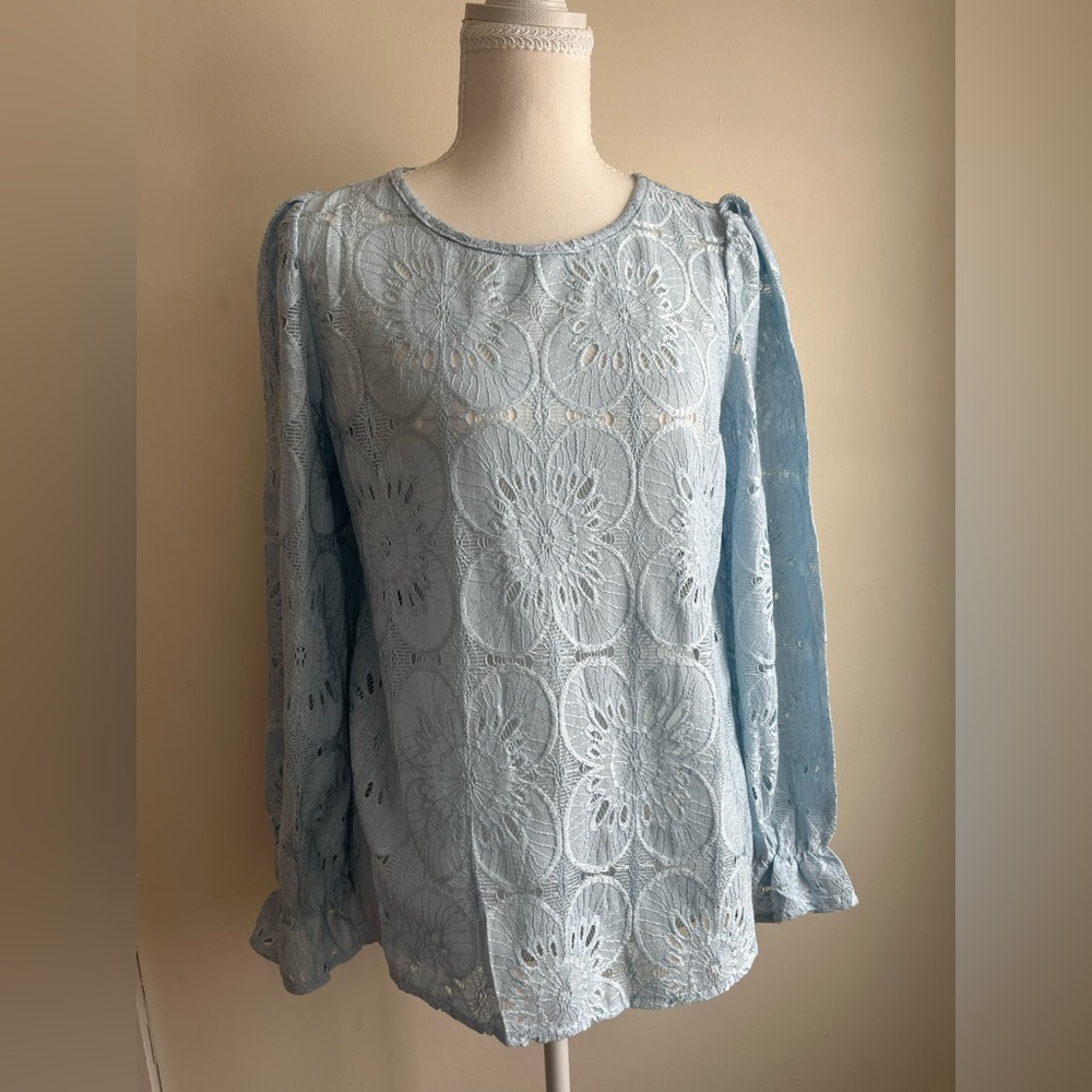 Luxveer Women’s Light Blue Lace Puff Long Sleeve  Blouse with Floral Embroidery
